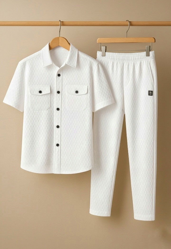 New Safari Honeycomb Waffle Design Tracksuit Set (Button shirt+Trouser) • ORIGINAL WHITE