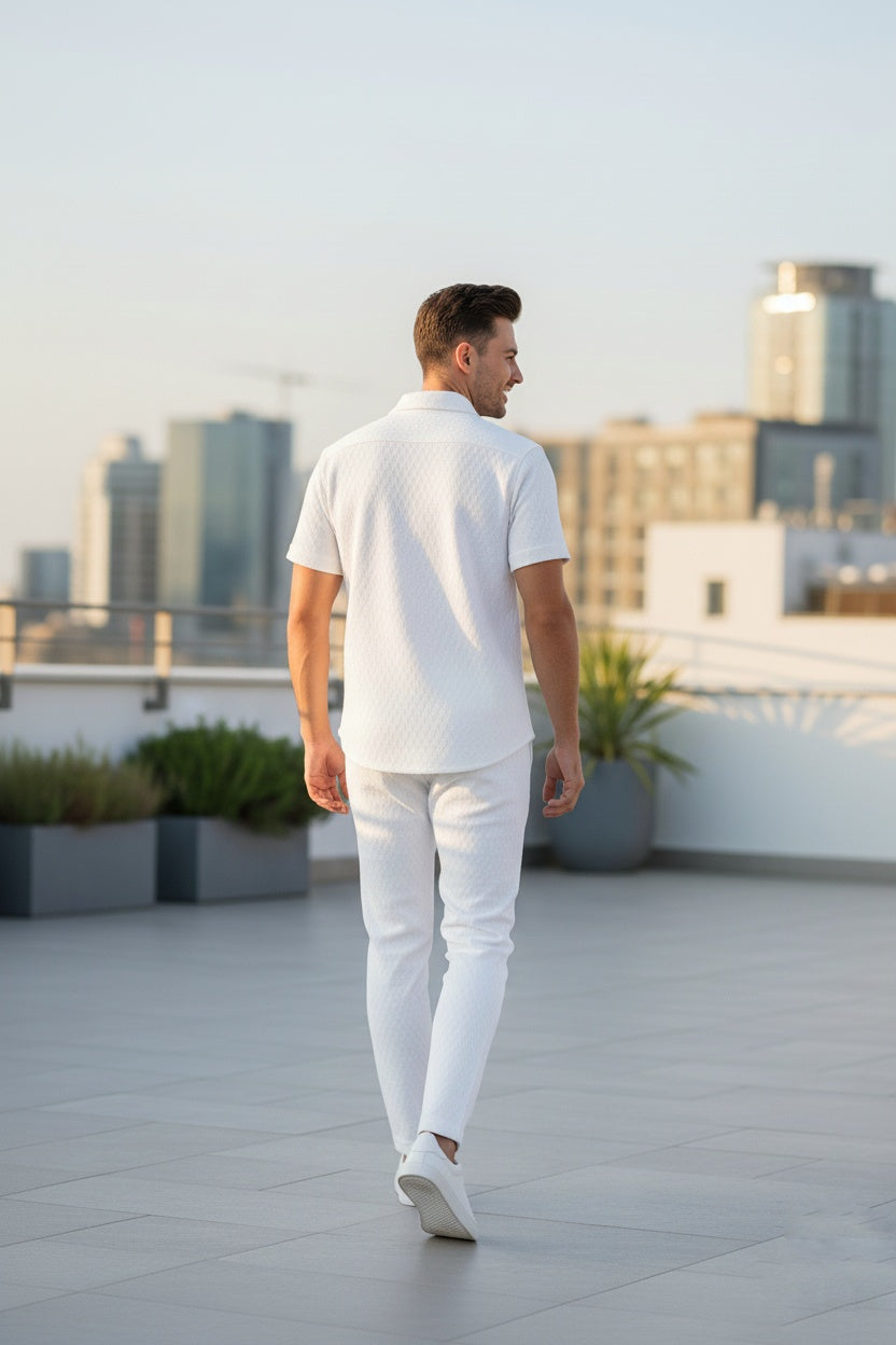 New Safari Honeycomb Waffle Design Tracksuit Set (Button shirt+Trouser) • ORIGINAL WHITE