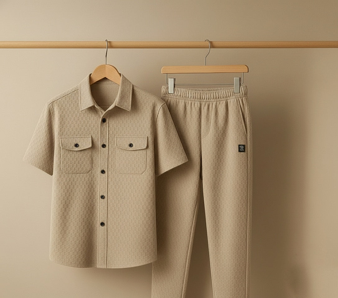 New Safari Honeycomb Waffle Design Tracksuit Set (Button shirt+Trouser) • ORIGINAL KHAKI BEIGE