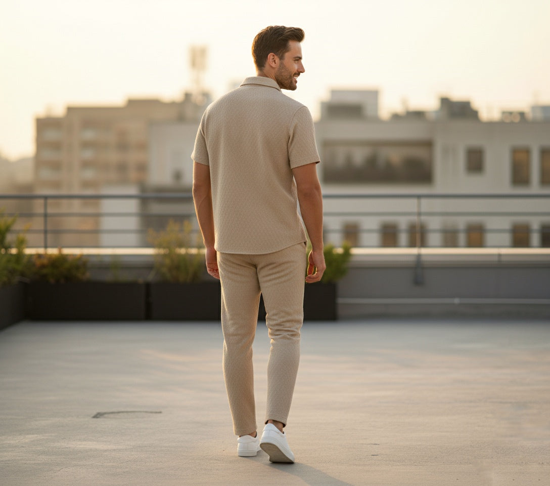New Safari Honeycomb Waffle Design Tracksuit Set (Button shirt+Trouser) • ORIGINAL KHAKI BEIGE