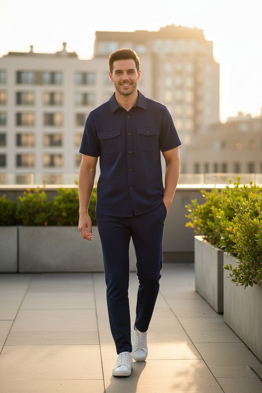 New Safari Honeycomb Waffle Design Tracksuit Set (Button shirt+Trouser) • ORIGINAL