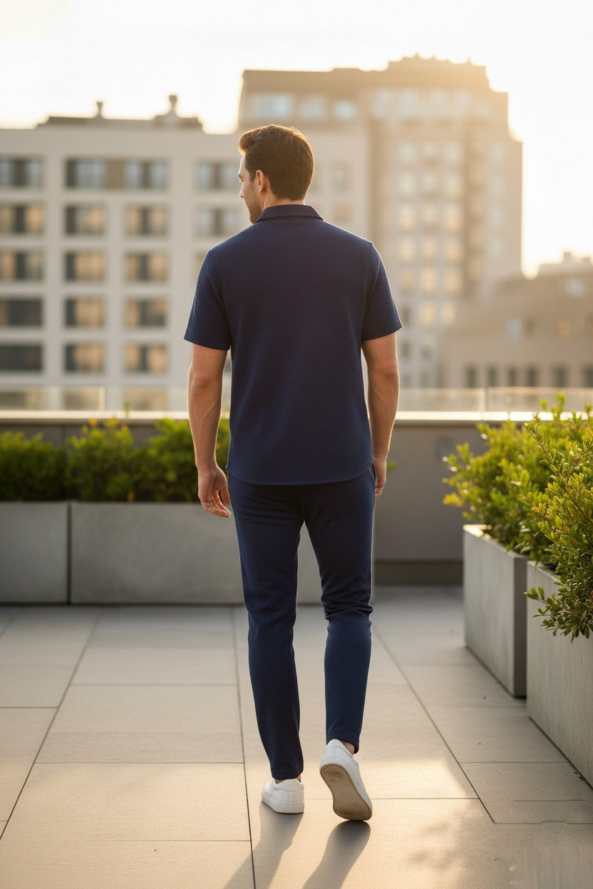 New Safari Honeycomb Waffle Design Tracksuit Set (Button shirt+Trouser) • ORIGINAL NAVY BLUE