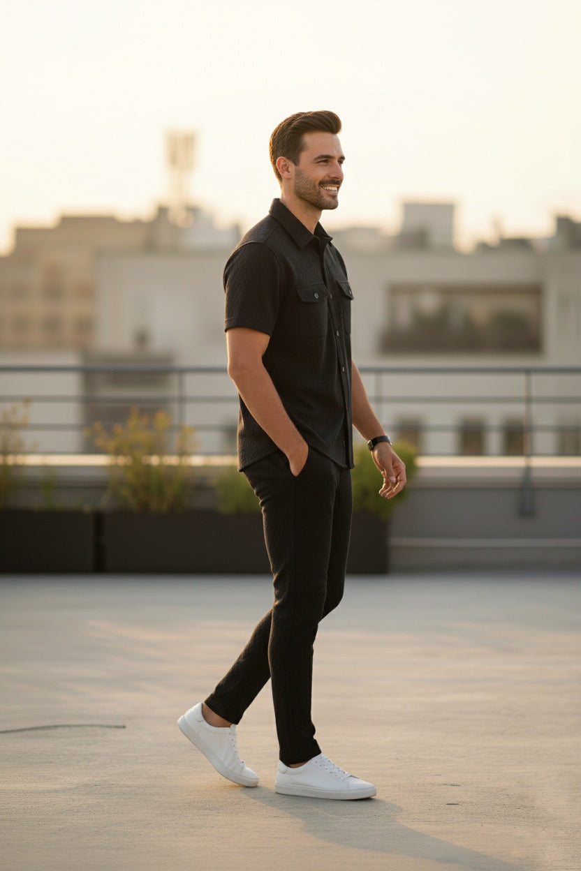 New Safari Honeycomb Waffle Design Tracksuit Set (Button shirt+Trouser) • ORIGINAL BLACK