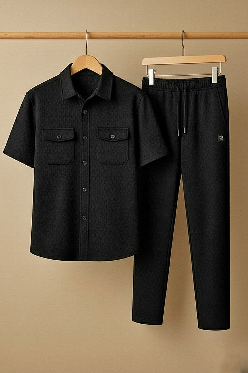 New Safari Honeycomb Waffle Design Tracksuit Set (Button shirt+Trouser) • ORIGINAL BLACK