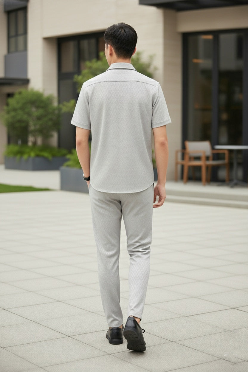 Free New Safari Honeycomb Waffle Design Tracksuit Set (Button shirt+Trouser) • ORIGINAL Grey