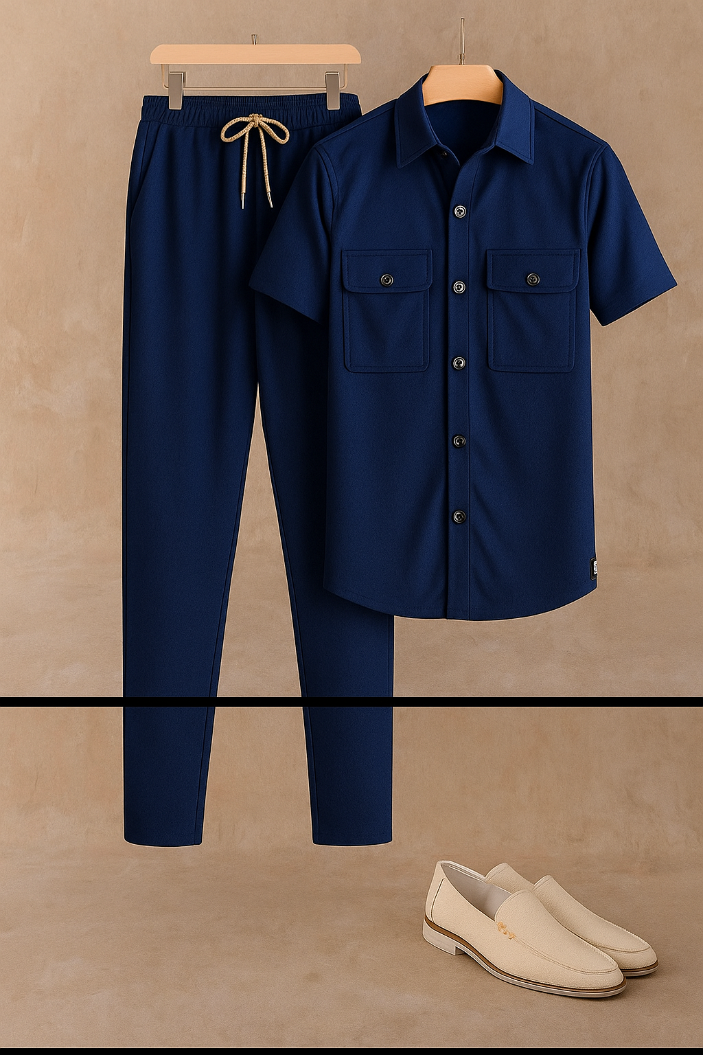 New Safari Waffle Design Tracksuit Set (Button shirt+Trouser) • Blue