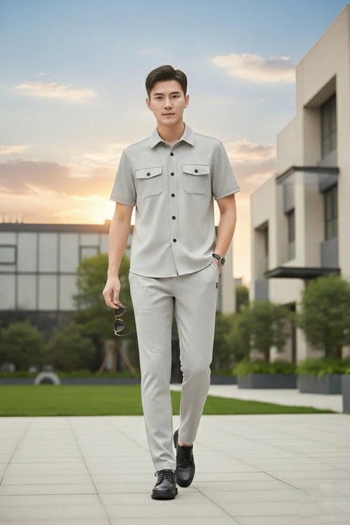 Free New Safari Honeycomb Waffle Design Tracksuit Set (Button shirt+Trouser) • ORIGINAL Grey