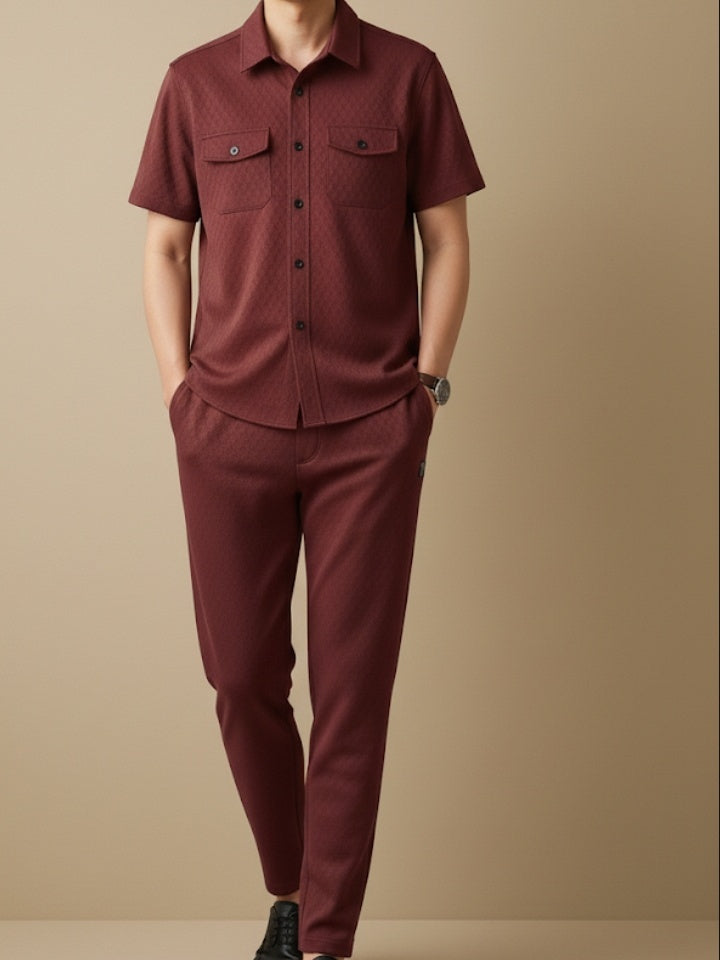 New Safari Honeycomb Waffle Design Tracksuit Set (Button shirt+Trouser) • ORIGINAL Maroon