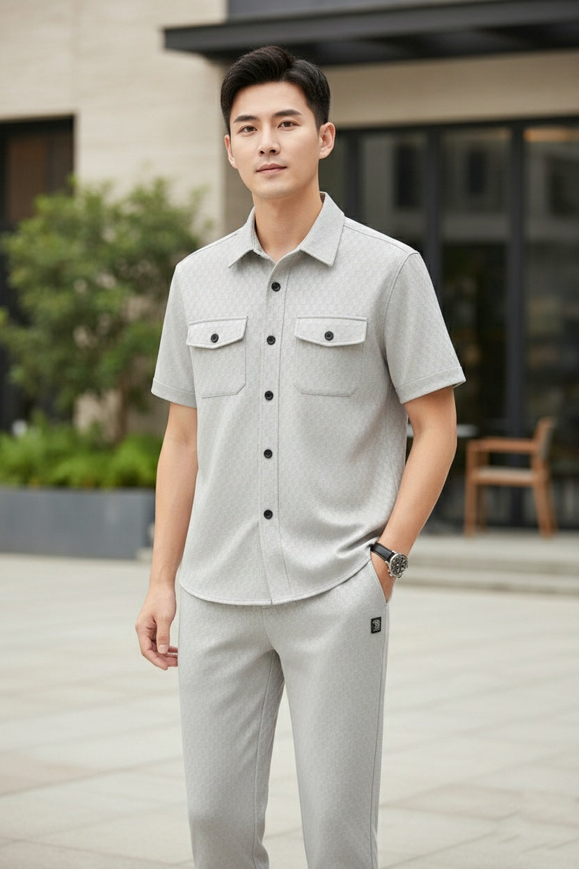 Free New Safari Honeycomb Waffle Design Tracksuit Set (Button shirt+Trouser) • ORIGINAL Grey