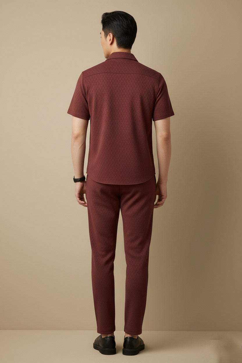 New Safari Honeycomb Waffle Design Tracksuit Set (Button shirt+Trouser) • ORIGINAL Maroon