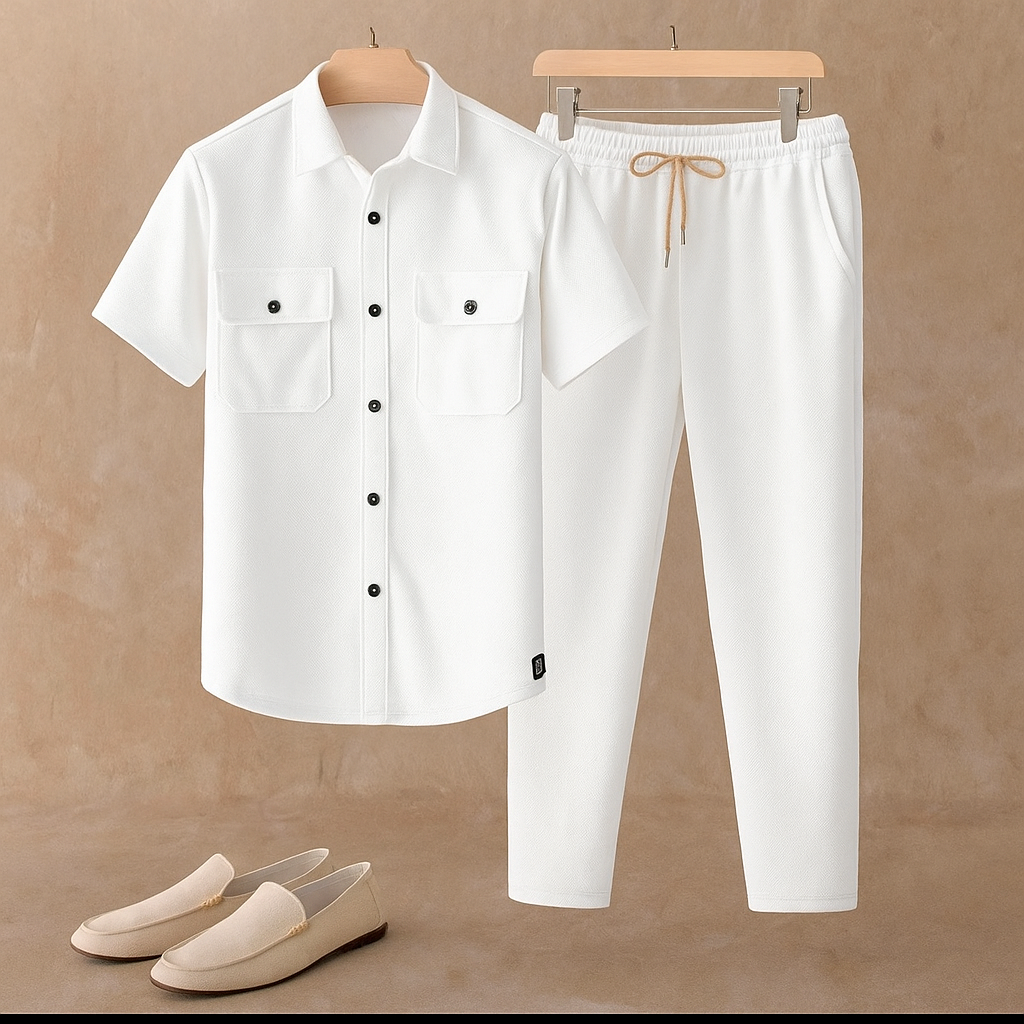 New Safari Honeycomb Waffle Design Tracksuit Set (Button shirt+Trouser) • Ice White